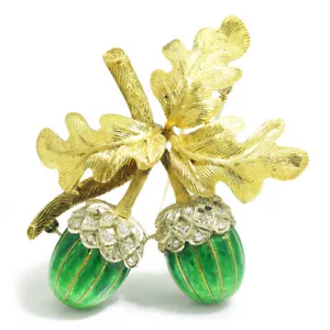 Broche vintage bellota de diamante con hojas 18K y esmalte verde 0,23ctw - Imagen 1 de 8