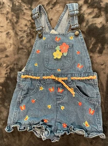Denim Blue Shortalls Shorts Overalls One Piece Flowers Belt Ruffled Hem Girls 5 - Picture 1 of 21