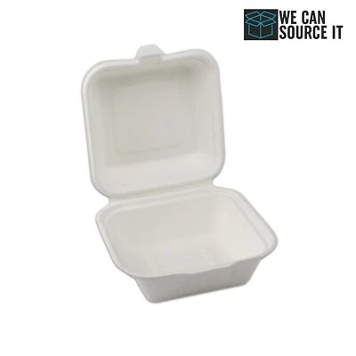 Bagasse Clamshell Compostable Burger Box 6''x6'' Takeaway Eco Food Containers - Image 1 of 4