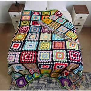 Handmade Crochet Granny Square Afghan Blanket Fringe 7'x8' Cottage Unique Retro - Picture 1 of 6