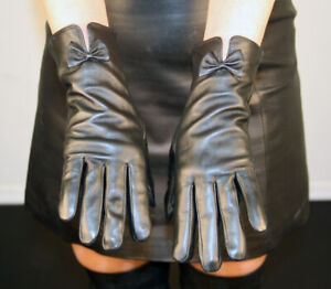 Brand New Black Lambskin Leather Gloves With Leather Bow Tie