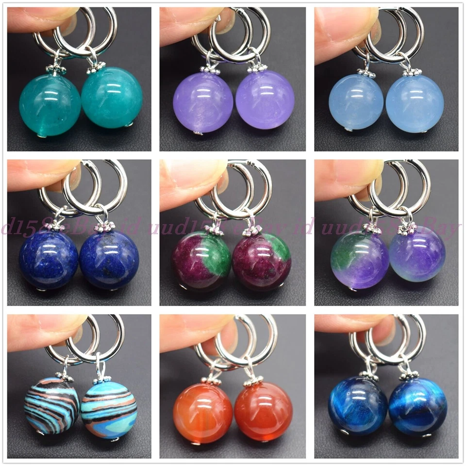 Natural 8/10/12/14mm Multicolor Gemstone Round Beads Silver Leverback Earrings - Image 1 of 1