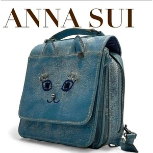 Anna Sui Cat Face Mini Leather Backpack Purse Blue Distressed Jean Bag Cute Ears - Picture 1 of 19