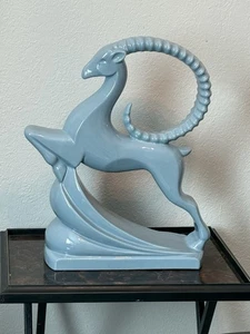 1985 Art Deco Royal Haeger Pottery Leaping Gazelle Rare Blue Art Deco 19" Tall - Picture 1 of 11