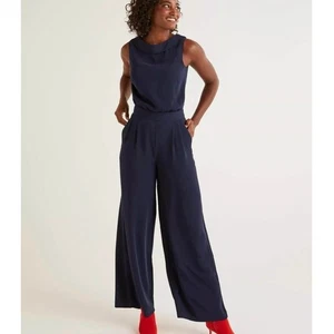 Tuta Boden Clarissa taglia 10 blu navy gamba larga senza maniche collo drappeggiato nuova con etichetta - Foto 1 di 14