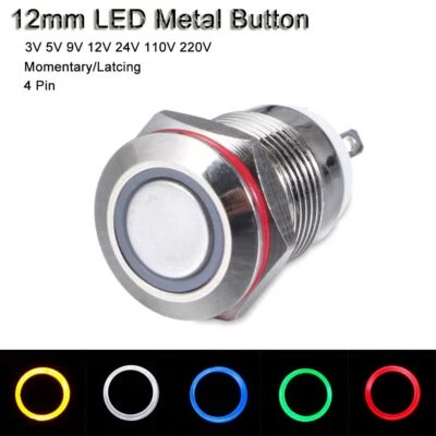 Push 3V 5V 9V 12V 24V 110V 220V LED 12mm Metal Button Switch Momentary/Latching - Image 1 of 4