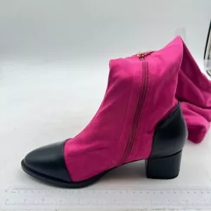 Hot Pink Side Zipper Closed Toe Chunky Heels Stretch Knee High Riding Long Boots - Picture 1 of 6