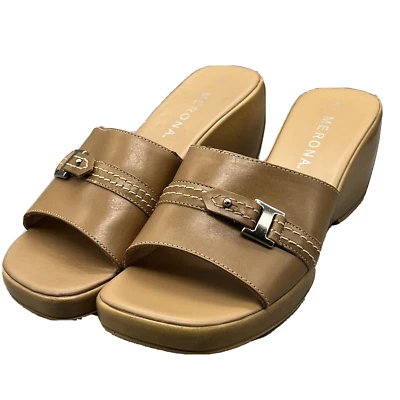 Merona Salto Cunha Tamanho 8 Couro Marrom Camelo Bomba Fivela Padma - Imagem 1 de 3