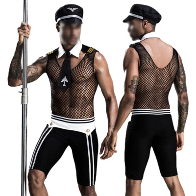 Hombres Sexy Club Nocturno Piloto Policía Mono Uniforme Juegos con disfraces Malla Gay Ropa Interior Conjunto Foto 1 de 4