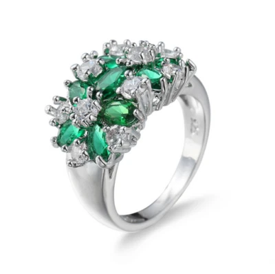 Dazzling Flower Shape Green Quartz Zirconia Silver Ring Size 6-10 Holiday Gift - Image 1 of 4