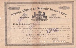 1890 Pittsburgh, Allegheny & Manchester Traction Co - capital stock certificate - Picture 1 of 1
