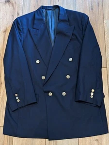 Vintage BURBERRYS Mens Wool BLAZER Double Breasted NAVY BLUE Gold Buttons 40-42 - Picture 1 of 13