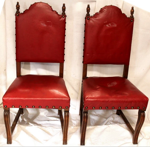 Antique Red Leather & Brass High Back Tiger Oak Dining Chairs, Set of Two Cover