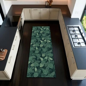 Tropical Leaf Pattern Botanic Runner Rug Green Coastal Carpet Kitchen Mat Decor - Picture 1 of 3