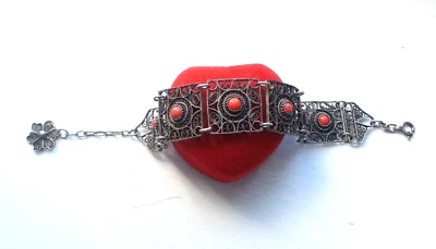 Älteres Armband Silberfiligran Silber getestet mit 6 roten Steinen Korallen ? - Bild 1 von 4