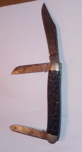 Vintage Pal Cutlery Co USA 3 Blade Round End Stockman Pocket Knife Black Bone - Picture 1 of 13