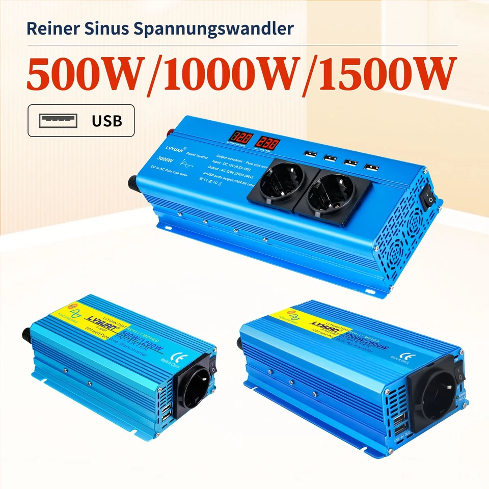 LVYUAN 500W 1000W 1500W 12V auf 230V Reiner Sinus Spannungswandler Wechselrichter USB