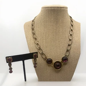 Vintage Art Deco Egyptian Revival Purple Glass Necklace & Earring Set Gold Tone - Picture 1 of 15