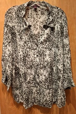 Gloria Vanderbilt XXL Negro Geo Estampado Rayón Top Botón Frontal Pintucks 3/4... Foto 1 de 4