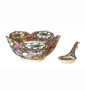 Antique Vintage Chinese Rose Medallion Famille Rose Small Rice Bowl w Spoon - Picture 1 of 6
