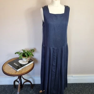 Vestido Vintage Laura Ashley Lino Azul Marino Delantal Talla 12 Maxi Plisado Countrycore - Imagen 1 de 13