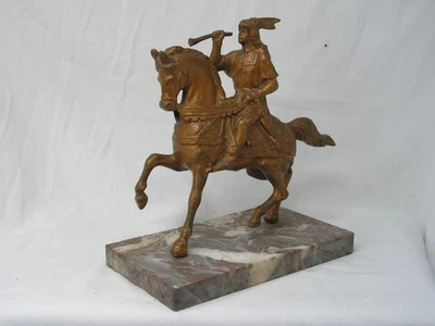 LARGE HEAVY ANTIQUE ART DECO BRONZED SCULPTURE OF AZTEC WARRIOR ON HORSEBACK - Image 1 of 4