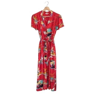 Vintage Saint Clair Paris Tie Waist Midi Shirt Dress Red Abstract Print EU 38 - Picture 1 of 16