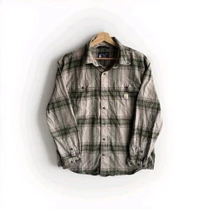 Carhartt Heavyweight Flannel Mens Large Green Loose Fit Plaid Button Work 105947 - Picture 1 of 7