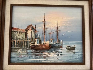 W. Jones Ölgemälde Hafenszene Schiffe Boot Dock Maritim 8” x 10” gerahmt - Bild 1 von 10