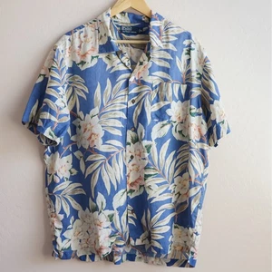 Vintage Polo Ralph Lauren XL Blue Floral 100% Linen Hawaiian Camp Shirt Mens - Picture 1 of 13