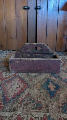 Antique Early Primitive Country Wood Tote Carrier Orig Red Paint 12.5" - Image 1 of 4