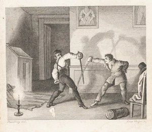 BEYER (*1789) nach RAMBERG (*1763), Fechtkampf im Kerzenschein, Sst. Romantik - Bild 1 von 5