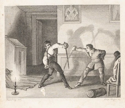 BEYER (*1789) nach RAMBERG (*1763), Fechtkampf im Kerzenschein, Sst. Romantik - Bild 1 von 4