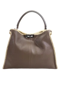 Fendi Womens Raffia Trimmed X Lite Leather Peekaboo Top Handle Handbag Brown - Picture 1 of 19