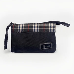 Harrods Of London Wristlet Black Bag With Plaid Trim 6.5” X 5” Clutch Purse Bag - Picture 1 of 5