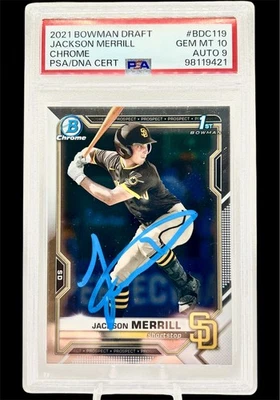 Bowman Draft Jackson Merrill 2021 primera gema cromada automática MT PSA 10 (auto 9) #BDC119 Foto 1 de 3