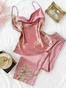 Ladies Women Satin Silk Sleepwear Lace Cami Vest Sexy Lingerie Pyjamas Set Pjs - Picture 1 of 8