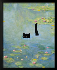 Cat Poster Monet Prints Vintage Posters Canvas Wall Art Funny Cat in Water Lilie