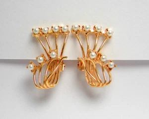 Clip Earrings Women's Flowers Pearls Antique Style Vintage Years 50 Elegant Gold - Picture 1 of 11