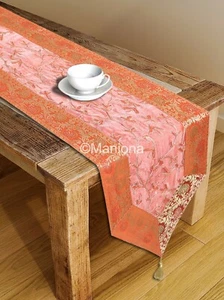 Indian Orange Floral Print Zari Table Runner Art Kantha Brocade Silk Table Cover - Picture 1 of 5