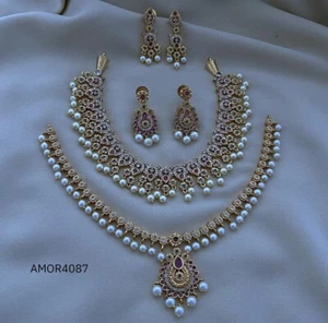 Set 2 collana bigiotteria moda perle sposa Bollywood placcate oro etniche indiane - Foto 1 di 3