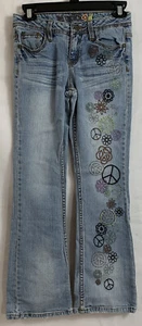 Vintage Y2K Sz 12 Mudd Baby Flare Hippie Peace Sign Embroidered Flare Leg Jeans - Picture 1 of 19