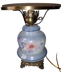 Vintage Blue Floral Glass Hurricane Brass Lamp Electric BASE and Crown ONLY 14" - Picture 1 of 18