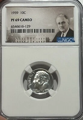 1959 NGC PF69 Cameo 90% Proof Silver Roosevelt Dime Portrait Lb - Image 1 of 3