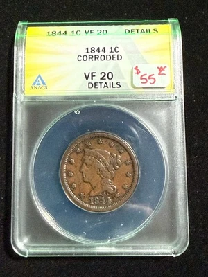 1844 BRAIDED HAIR LARGE CENT ANACS VF 20 DETAILS CORRODED - Image 1 of 4