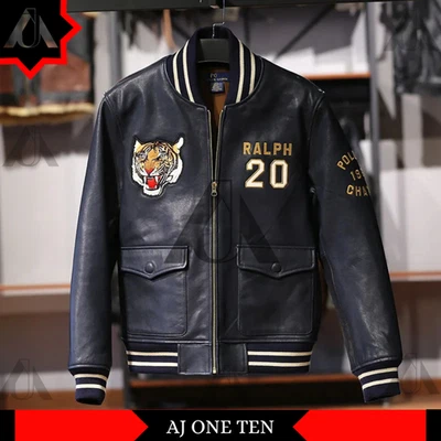 Men’s Classic R.L. Naval Tigers Real Leather Bomber Varsity Jacket by AJ ONE TEN - Image 1 of 4