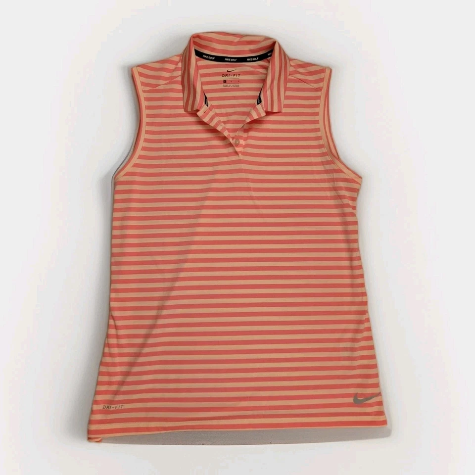 Polo de golf Nike para mujer grande sin mangas rosa coral y rayas melocotón Foto 1 de 4