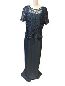 Vintage PATRA Long 2 Pc Formal Gown Dress Navy Blue Lined Mesh Overlay Top Sz 10 - Picture 1 of 8