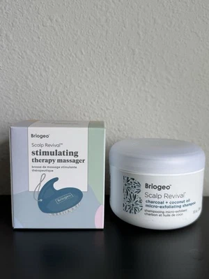 New in Box-Briogeo Revival Charcoal Coconut Oil Shampoo + Exfol. Scalp Massager - Image 1 of 4