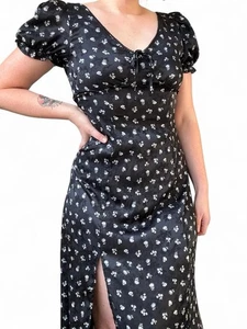 Mi Ami Floral Satin Maxi Dress Sz Large Puff Sleeve Whimsigoth Alt Witchy Fall - Picture 1 of 10